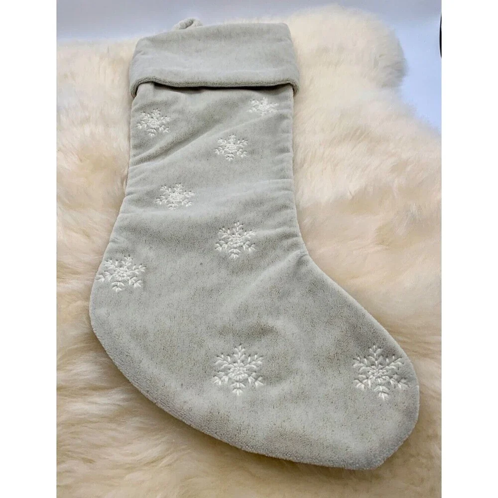 NEW Crate and Barrel Ivory Faux Mohair Velveteen Stocking 21” Snowflake Neutral